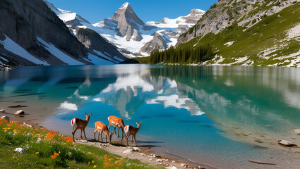 elk in the beautiful mountains  with river 