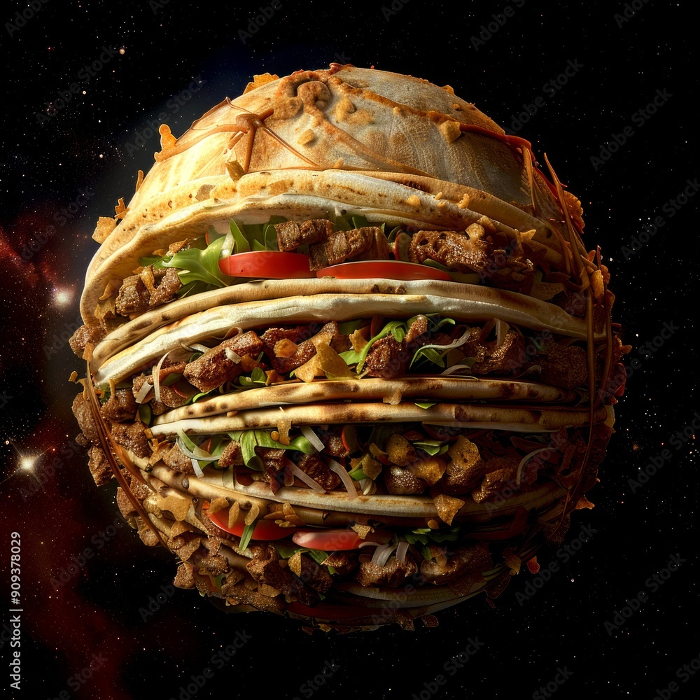 Aufkleber food planet in space composed of various delicious items. conceptual image showing a globe made of l