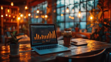 Laptop with Graph on a Wooden Table in a Cafe