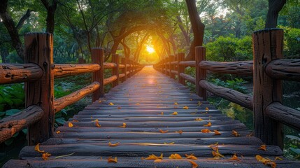 Wooden Bridge Through a Tranquil Forest Path at Sunset