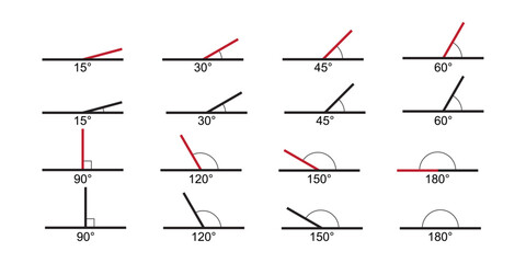 Set of angle degree icons. Different protractor values isolated on white background. Geometric measurements. Mathematics symbols. Vector graphic illustration.