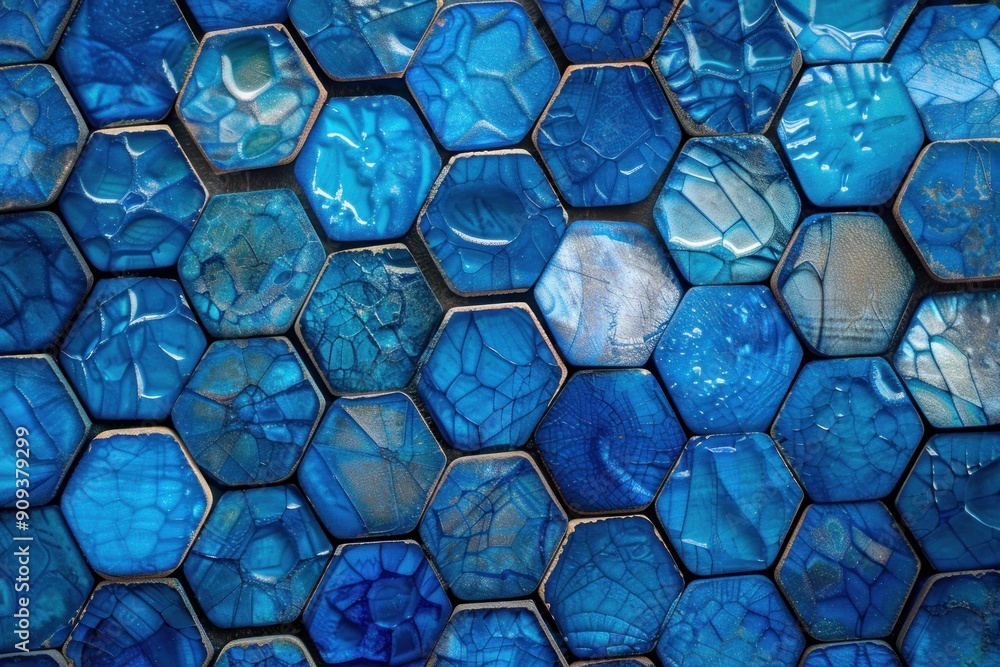 Poster blue resin hexagon tiles are creating a modern textured background