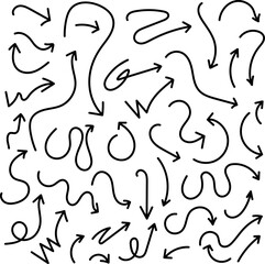 Collection of various hand-drawn doodle arrows in black on a white background. Suitable for designs needing directional elements, navigation symbols, or creative pointers.
