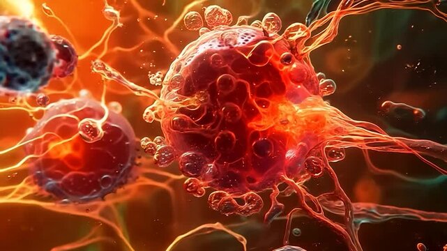 Colorful cancer cells are actively multiplying, showcasing their intricate structures and behaviors under intense observation