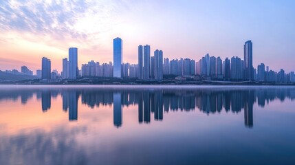 Skyscrapers Reflecting in a Calm Lake at Sunset