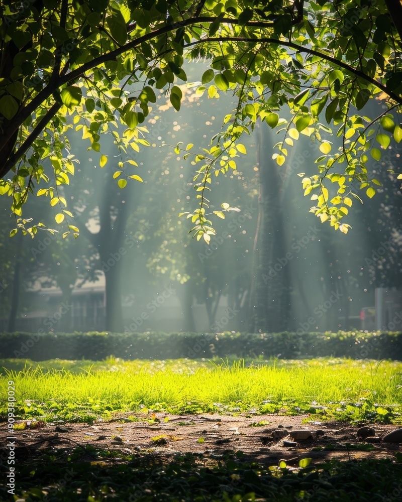 Poster sunlight filtering through lush green trees in a serene park. beautiful nature scene with rays of su