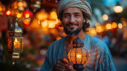 Fototapeta premium Man with a Lantern in a Market