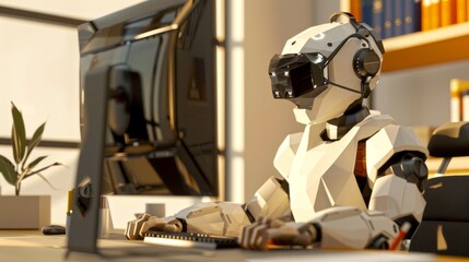 Fototapeta premium Futuristic office worker robot on a computer in modern workspace. Conceptual image of AI integration in daily tasks. Sleek design and efficient performance. 