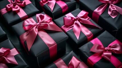 A collection of gift boxes wrapped in black paper with bright pink ribbons