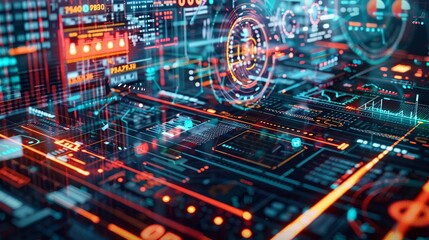 Obraz premium Birds Eye View of Investment Analysis Highaltitude view of a financial hub with interactive holographic displays showing investment patterns and policy analysis, in a vibrant digital art