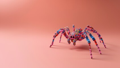 A vibrant spider toy with multi-colored patterns knitted into its body, displayed on a plain pink background.