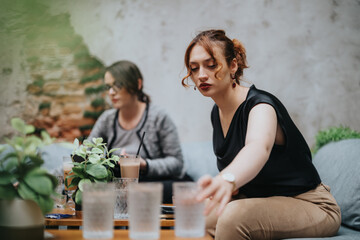 Two women having a casual business meeting, discussing ideas and strategies while enjoying drinks in a cozy indoor cafe.