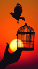 Hand Holding Open Birdcage at Sunset With Flying Bird