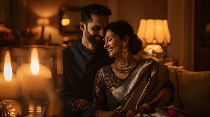 Couple in traditional Indian attire celebrating Diwali at home with festive decorations