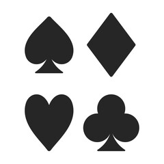 Set of icon symbols used for playing card suits including hearts, diamonds, spades and clubs in silhouette vector