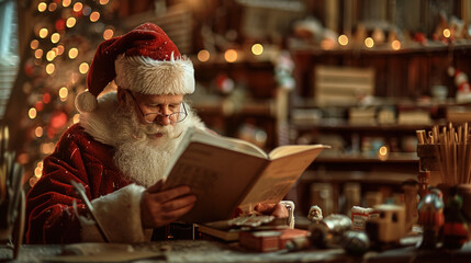 Thoughtful Santa Claus Reading in His Festive Workshop - Father Christmas Preparing for the Holiday Season - Merry Christmas from Santa's Workshop
