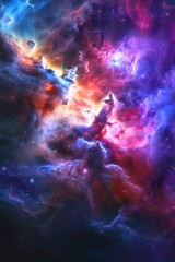 Colorful cosmic nebula with vibrant colors blending into dark space. Digital illustration showing the beauty of space. Perfect for backgrounds or futuristic concepts. AI