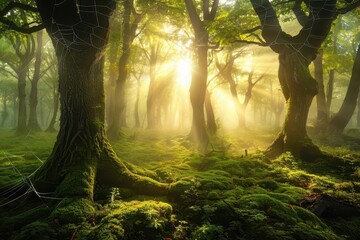 enchanted misty forest at dawn sun rays piercing through ancient trees lush mosscovered ground glistening spider webs fairytale atmosphere