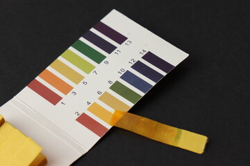 pH test in a black surface showing the result of a strip of pH 4