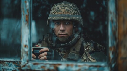 Fototapeta premium Soldier looking through window while holding coffee mug