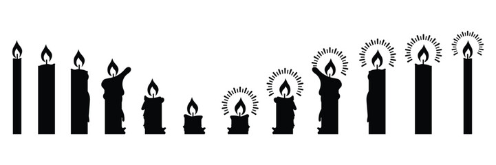 Set of Black linear candle silhouettes for religion commemorative and party icon. Candles flaming flat symbol collection. Candle icon. Vector Illustration.