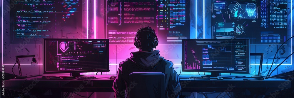Poster A hacker sits at a desk in a dim room, focused on various computer screens displaying code and data during the late hours of the night. Generative AI
