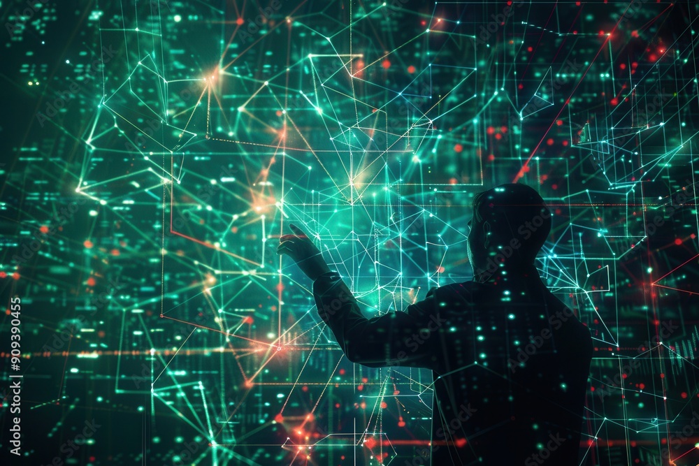Poster A hacker interacts with vibrant digital data patterns in a dimly lit environment, showcasing advanced technology and analytical skills. Generative AI
