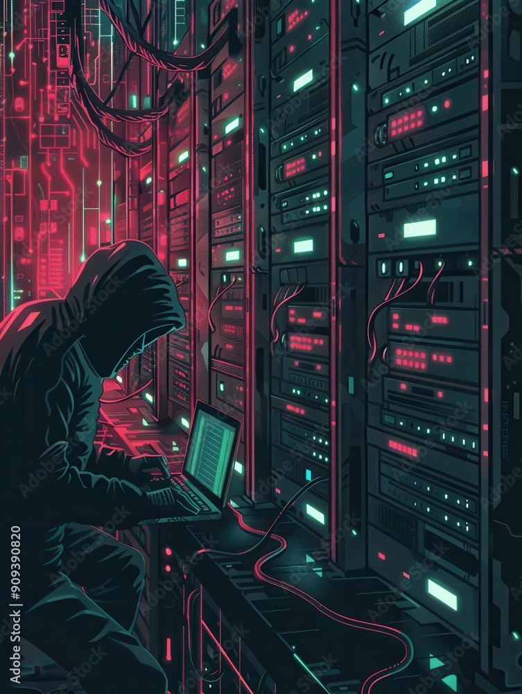 Aufkleber A figure in a dark hoodie interacts with a laptop amidst glowing server racks, deeply focused on cybersecurity activities during the late hours. Generative AI