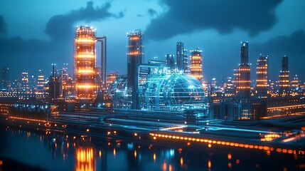 Fototapeta premium Industrial LNG Liquefied Natural Gas LNG-powered futuristic city, holographic energy grid, sustainable technology, innovative urban design