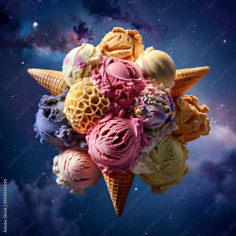 Aufkleber vibrant scoops of colorful ice cream arranged in a unique star shape with cones in a mystical galaxy