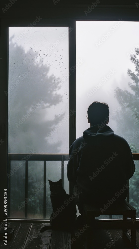 Poster silhouette of a man and his cat gazing through a misty window, creating a calm and introspective moo