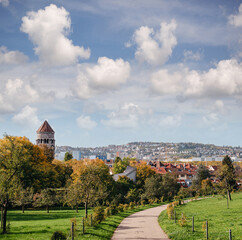 Germany, Stuttgart panorama view. Beautiful houses in autumn, Sky and nature landscape. Vineyards in Stuttgart - colorful wine growing region in the south of Germany with view over Neckar Valley