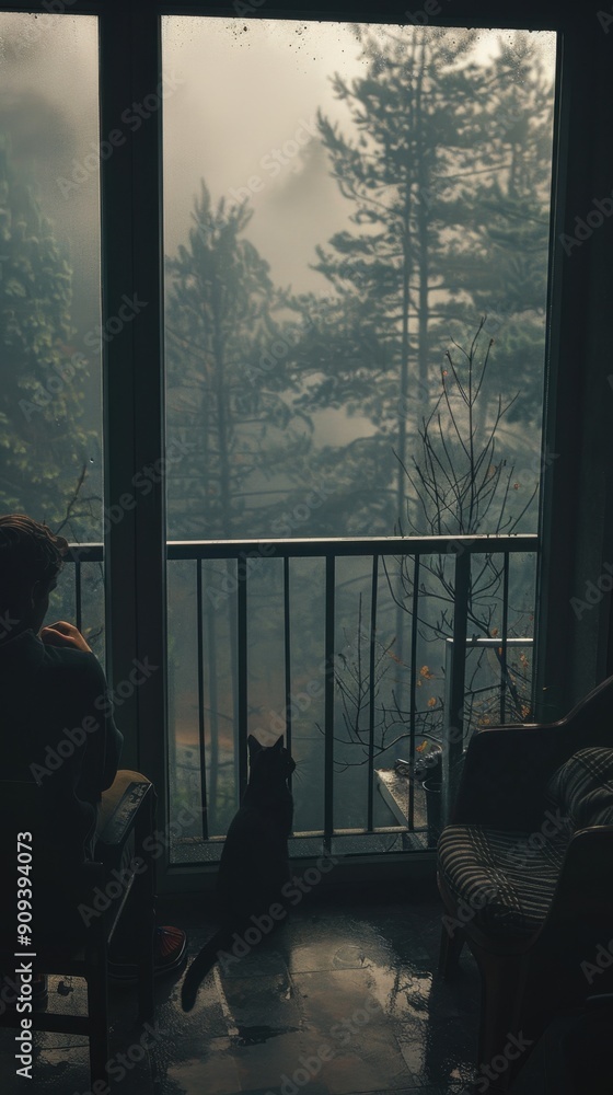 Poster a person and black cat gaze out at a misty forest through a window, creating a serene and reflective