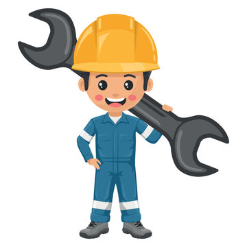 Industrial mechanic worker with mechanic's wrench. Engineer with his coverall. Concept of repair, preventive maintenance and technical support. Industrial safety and occupational health at work