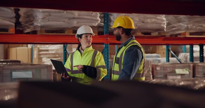 Logistics, people or walk in warehouse with laptop, inventory management or item code update. Technology, team and planning in factory storage for inspection, distribution safety or exporting service