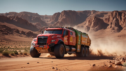 A powerful Dakar style colorful truck