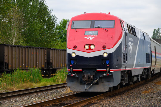 Everett, WA, USA - July 28, 2024; Amtrak P42 locomotive in Phase VII paint scheme with Empire Builder train