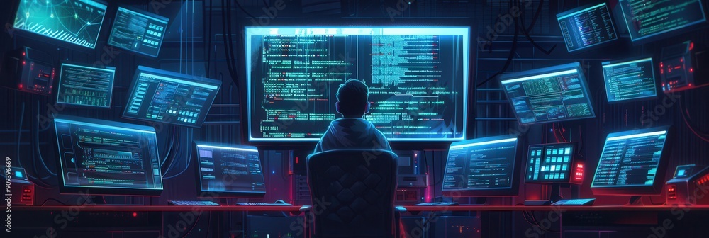 Poster A hacker concentrates on multiple computer screens, analyzing data in a dimly lit room filled with technology and digital information. Generative AI