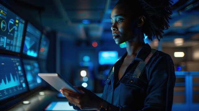 Confident African American woman analyzing data on a tablet in a futuristic control room. - Powered by Adobe