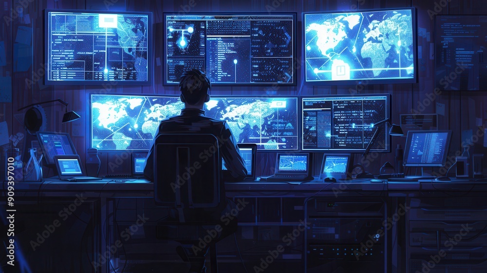Aufkleber A hacker intently analyzes data on various screens in a darkened room filled with tech equipment and glowing displays, focusing on cyber operations. Generative AI
