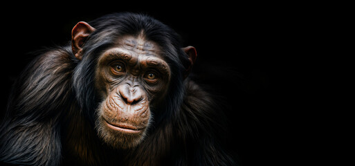 Fototapeta premium Close-up view of a male chimpanzee. Low-key lighting view of a wild animal, isolated on a black background, banner. Created using generative AI tools