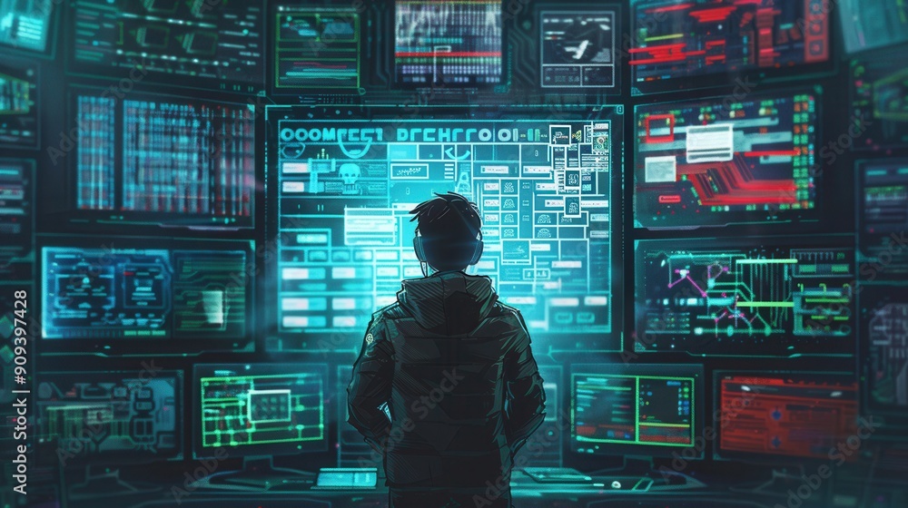 Poster a skilled hacker stands in front of several glowing screens, immersed in complex data analysis, deep