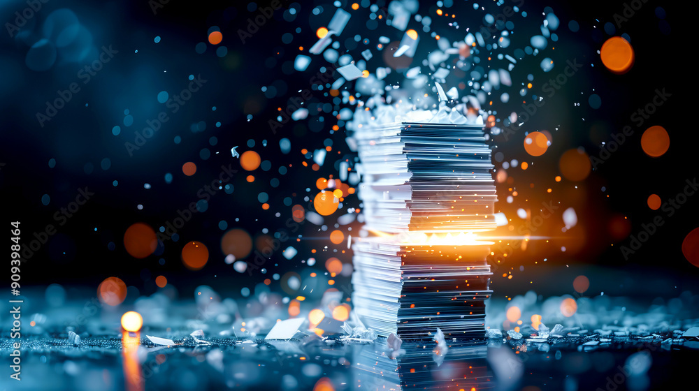 Poster dynamic representation of stack of papers with glowing elements and scattered particles, illustratin
