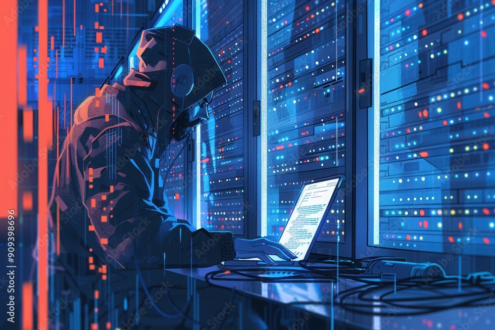 Leinwandbilder A hooded figure intensely works on a laptop amidst glowing server racks, surrounded by digital data at night, focusing on complex tasks. Generative AI