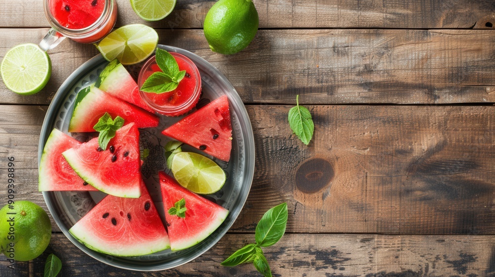 Wall mural Top view of a plate of fresh sweet ripe watermelon slices on wooden table