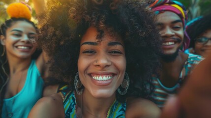 Obraz premium Group of young friends with diverse backgrounds, smiling and enjoying a sunny day outdoors.