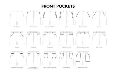 Set of Front Pants Pockets - Seam, Welt, Jetted, Curved, Slashed, Coin and Zippered styles technical fashion illustration. Flat apparel template front view. Women, men unisex CAD mockup isolated