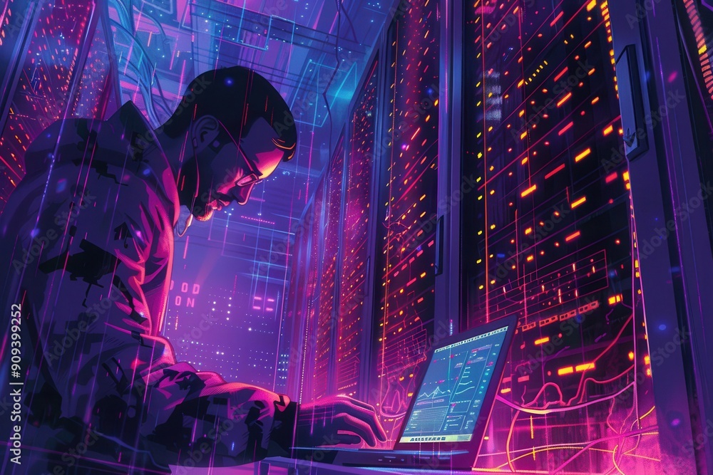 Poster A hacker analyzes data on a laptop surrounded by glowing server racks while working late into the night. Generative AI
