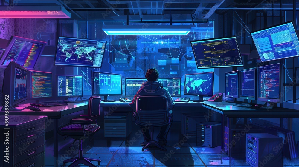 Aufkleber a hacker focuses on various computer screens in a dimly lit room, engaged in intense coding and cybe