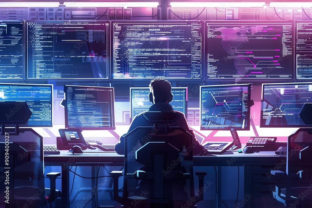 Poster A hacker concentrates on coding while multiple monitors display complex data in a dimly lit room at night. Generative AI
